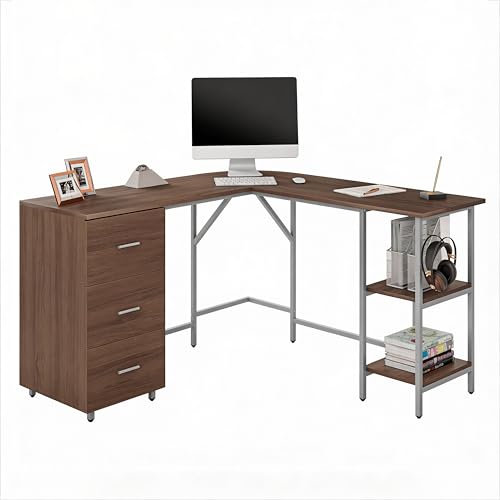 Techni Mobili L Shaped Desk - Two-Toned Computer Desks for Home Office with Storage Shelves & Cabinet - Simple Modern Furniture & Office Space Corner Table for Work & Writing - Grey & Walnut | 59" two‑tone L‑shaped desk with storage shelves, durable frame