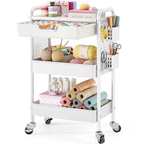 KINGBOARD 3 Tier Metal Rolling Cart with Drawer, White Utility Storage Cart | 2 Cups & 4 Hooks, Lockable Wheels, Trolley Organizer for Bathroom, Kitchen, Office, Nursery, Dorm, Laundry, Craft Room - color: White