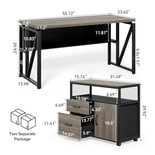 LITTLE TREE 55" Executive Computer Desk and Lateral File Cabinet, L-Shaped Office Desk for Home Office, Furniture Set, Grey - color: Grey+black