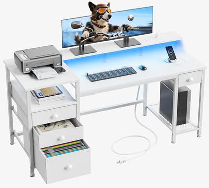 Furologee 60" White Computer Desk with 4 Drawers, Power Outlet, LED Lights - color: White, size: 60 Inch