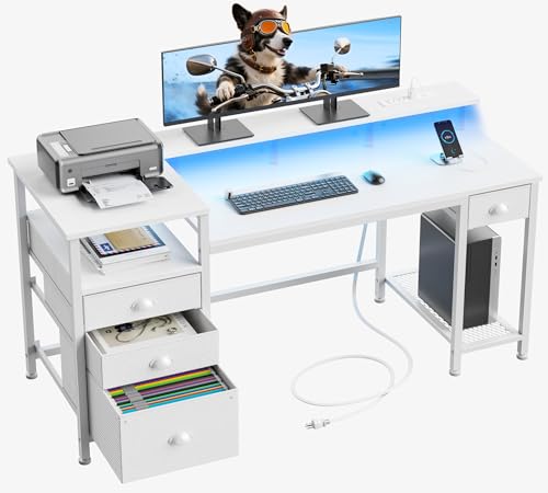 Furologee 60" White Computer Desk with 4 Drawers, Power Outlet, LED Lights - color: White, size: 60 Inch