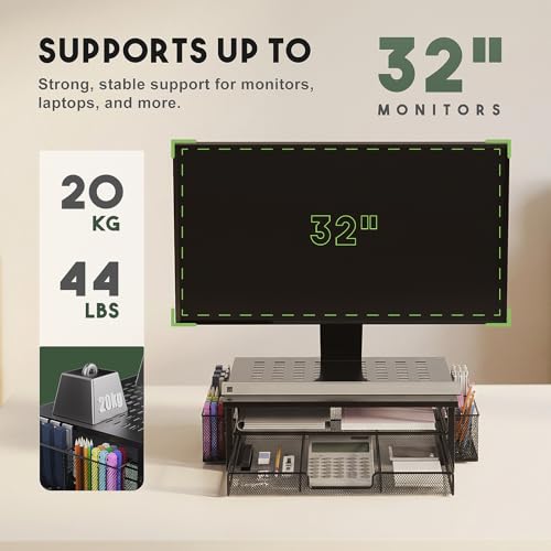 Metal Monitor Stand Riser with Heat Dissipation Holes, 2-Tier Computer Desk Organizer with Drawer & Pen Holders for Laptop, iMac, PC (Black)