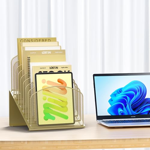 Sinboun Inclined Desk File Organizer Folder Holder with 8-Section, Gold - color: Gold, size: 8 Section