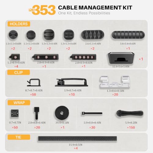 353 PCS Cable Management Kit - 1 Cable Management Box, 4 Cable Sleeve Split, 130 Adhesive Cable Clip, 17 Cable Holder, 1 Roll Cable Organizer Strap, 150 Cable Tie with 50 Mount, for Computer Desk TV
