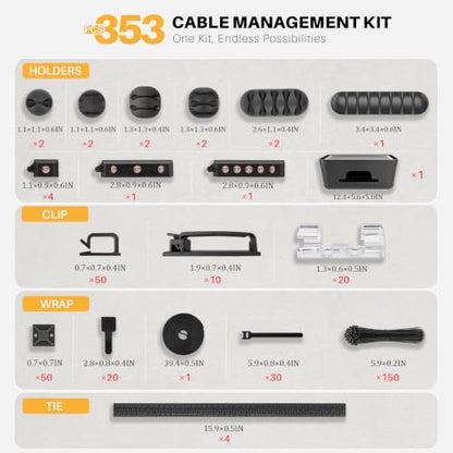 353 PCS Cable Management Kit - 1 Cable Management Box, 4 Cable Sleeve Split, 130 Adhesive Cable Clip, 17 Cable Holder, 1 Roll Cable Organizer Strap, 150 Cable Tie with 50 Mount, for Computer Desk TV