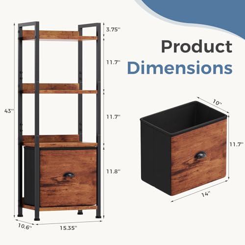 DUMOS 4 Tier Bookshelf with Fabric Drawer, Display Standing Shelf, Brown - color: Rustic Brown, size: 4 Shelf with Fabric Drawer