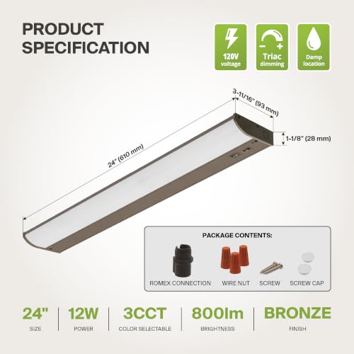 ASD 20 Pack LED Under Cabinet Lighting, 24 inch 12W 822 LM, Dimmable Hardwired Under Cabinet Lights for Kitchen, 3000K/4000K/5000K, Under Counter Light Fixtures, ETL, Bronze, Bullnose Design - color: 24 Inch Bronze, size: 20 Pack