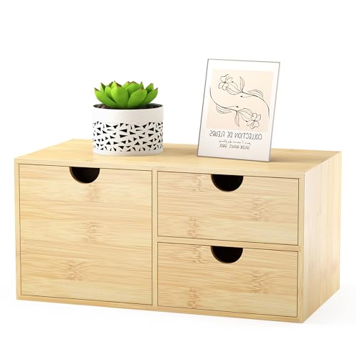 Bamboo Desk Organizer with Drawers, Desktop Storage Box for Office Supplies | 3 Drawers Desktop organizer, No Assembly Required, Natural Wood Wooden Desktop Drawers for Bills, Cosmetics, Seals, Paper - color: Natural-3 Drawers Left Right, size: 12.99”L x