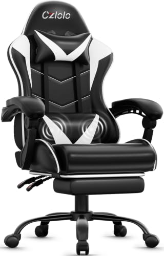 Czlolo Gaming Chair with Footrest Racing Style Lumbar Support Massager Video Game Chair with Metal Legs, High Back Reclining Gamer Chair with Headrest, 360° Swivel Office Computer Desk Chair (White) - color: White