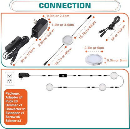Under Cabinet LED Pucks AC120V Plug in, Touch Dimmer, 3 Lights, Warm white | Aluminum, Low Profile, Linkable Pucks, Dimmable, Easy Installation, Color Temp 2700K - color: Silver