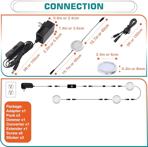 Under Cabinet LED Pucks AC120V Plug in, Touch Dimmer, 3 Lights, Warm white | Aluminum, Low Profile, Linkable Pucks, Dimmable, Easy Installation, Color Temp 2700K - color: Silver