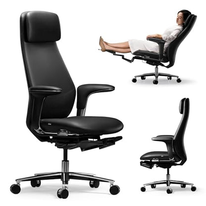 TOMU Executive Office Chair with Foot Rest, Top Grain Genuine Leather Office Chair, Ergonomic High Back Design. Real Leather, Wheels, Alumium Base. Padded Armrest, Luxury and Comfy (Black) - color: Black