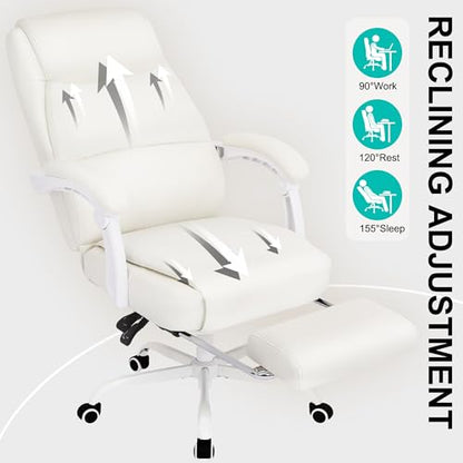 Misolant Big and Tall Office Chair with Footrest, High Back Desk Chair with Linkage Armrest, 90-155° Recline Executive Computer Chairs with Adjustable Height for Home - color: Beige White