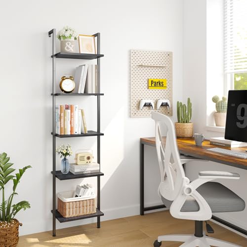 ELYKEN Ladder Shelf, 5-Tier Wood Wall Mounted Ladder Bookshelf | Leaning Storage Shelves with Metal Frame, Vintage Open Display Organizer Rack for Living Room, Bedroom, Home Office, Black - color: Black