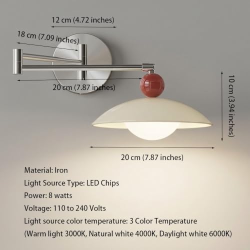 Nordic Chrome Swing Arm Wall Sconce, Modern Cream Dome Wall Mounted Lamp Silver Wall Lighting Fixture with Red Ball Accent for Bedroom Home Office