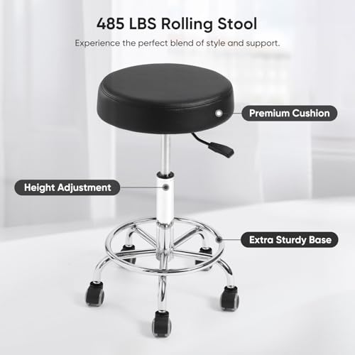 Adjustable Rolling Stool with Wheels & Footrest, 485lb Capacity Drafting Stool Chair, Swivel Salon Spa Tattoo Medical Office Chair, Black - color: Black