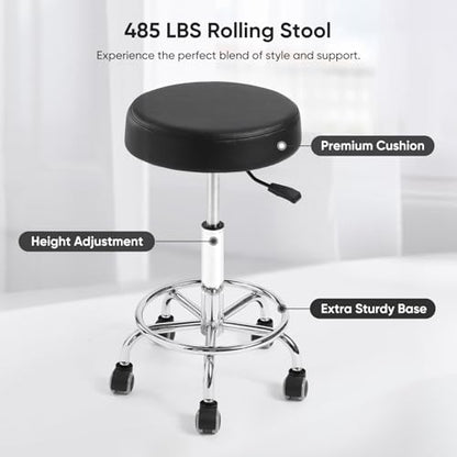 Adjustable Rolling Stool with Wheels & Footrest, 485lb Capacity Drafting Stool Chair, Swivel Salon Spa Tattoo Medical Office Chair, Black - color: Black