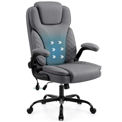 Ergonomic Office Chair, PU Leather High Back Executive Chair with Adjustable Inflatable Lumbar Support and Padded Flip-Up Arms, Recline Swivel Task Computer Chair for Home Office, Gray - color: Grey