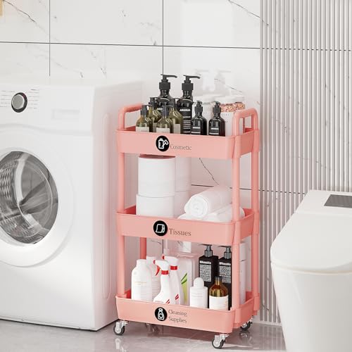 3 Tier Rolling Cart with Wheels, Utility Storage Carts,Pink - color: Pink, size: 3-Tier