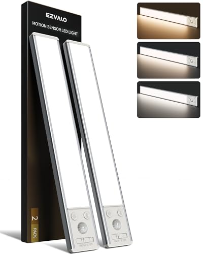 EZVALO Under Cabinet Lighting, 3500mAh Rechargeable Motion Sensor Light Indoor, 3 Color Temps, 5-Level Dimmable Magnetic Wireless Closet Lights for Kitchen, Pantry, Stairs (2 Pack) - color: Silver, size: 12 Inch