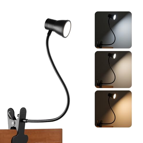 Eye-Caring Clip On Desk Lamp, 3 Color Modes & 10 Brightness LED Reading Light with Clamp, 360° Rotatable Gooseneck Reading Light, Portable Clamp Lamp for Bedroom, Office and Study (Black-Small)