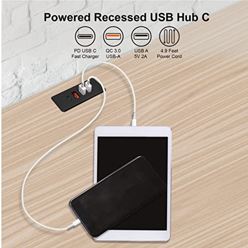 Powered USB C Hub Socket Recessed USB C Power Strip Outlet with Fast Charge 4 USB Ports 20W Mounted into Bed Desk Table Sofa (Black) - color: Black