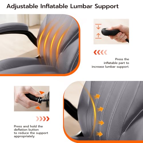 Ylzyxal Office Desk Chair, Ergonomic Computer Chair with Padded Flip-Up Arms and Adjustable Lumbar Support, PU Leather Executive Chair with Tilt Lock and 360° Swivel Rolling Wheels for Work, Study - color: Grey