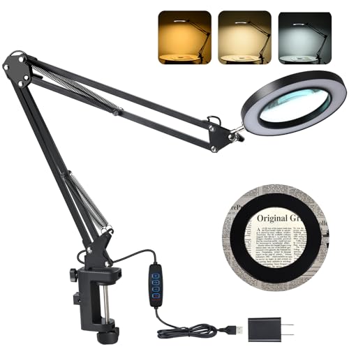 LED Magnifier Desk Lamp with Stand, 3 Color Modes & Stepless Dimming 5-Diopter Glass Lens, Adjustable Swivel Arm - Magnifying lamp for Close Work, Repair, Crafts, Reading - Long