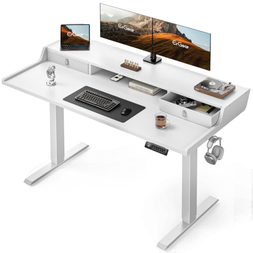 ErGear Electric Standing Desk with Drawers, 55″ x 28″ Gaming Table Compatible Monitor Stand, Stand up Desks, Home Office Height-Adjustable Desk with Storage Shelf, 4 Preset Heights, White - color: White, size: 55" X 28"