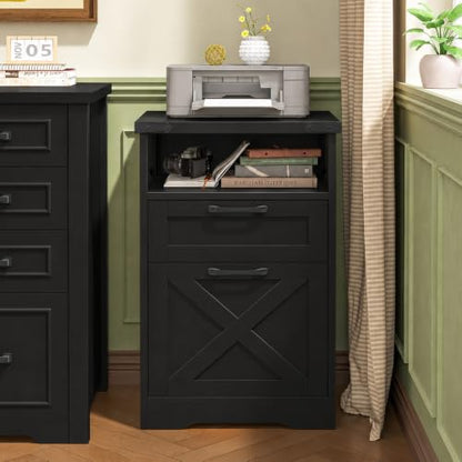 Halitaa Office Filing Vertical Cabinet with 2 Drawers, Black | Farmhouse Filing Cabinet with Open Storage Space and Printer Stand for Hanging Files Letter/A4 for Home Office - color: Black, style: Vertical