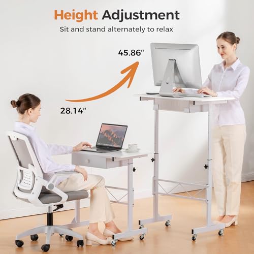 GTPLAYER Small Standing Desk Adjustable Height Small Computer Desk Mobile Portable Rolling Laptop Table with Wheels 32" Computer Workstation Sit Stand Desks Portable Standing Table Treadmill desks - color: Carbon Fiber White