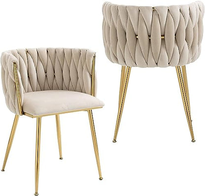 NIOIIKIT Modern Velvet Dining Chairs Hand Weaving Accent Chairs Living Room Chairs Upholstered Side Chair with Golden Metal Legs for Dining Room Kitchen Vanity Living Room (Ivory) - color: Ivory