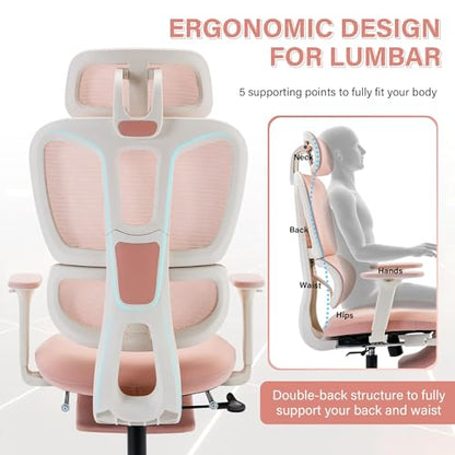 Ergonomic Office Chair with Retractable Footrest, Pink | High Back Design, Dynamic Lumbar Support, 2D Headrest & 2D Armrests, Breathable Mesh Back for Home Office - color: Pink