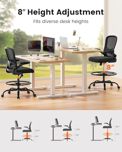 ErGear Drafting Chair with Footrest Ring and Flip-Up Arms for Tall Desks | 8 inch seat height adjustment, lumbar support, 33% thicker seat, breathable mesh, 300 lbs capacity, standing desk use - color: Black