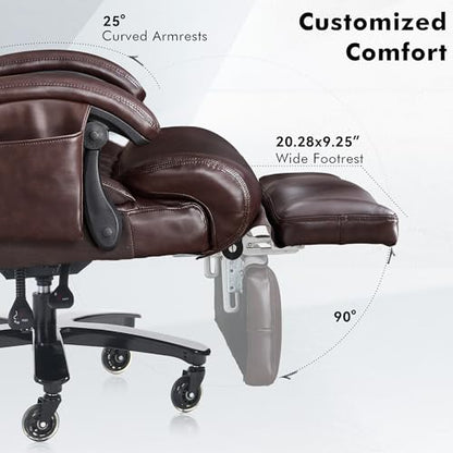 Big and Tall Ergonomic Massage Office Chair with Footrest, PU Leather Brown | 3 Removable Cushions, Heat Vibration Massage, Lumbar Support, High Back Reclining 105°-160°, 2 Pockets, Silent Wheels, 500LBS - color: Brown