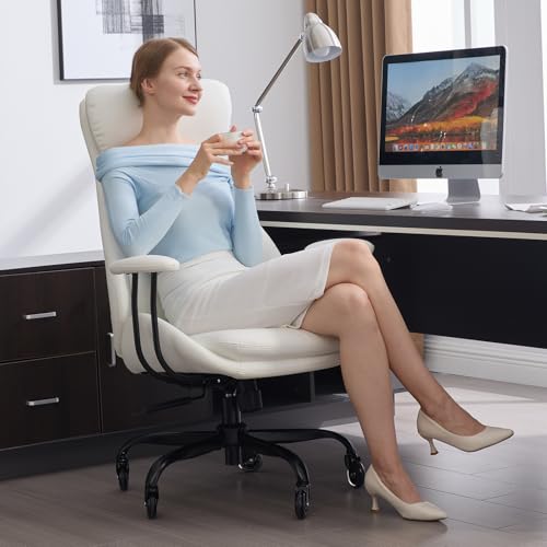 Leather Executive Office Chair, Computer Desk Chair, White | Ergonomic, Rubber Wheels, Lumbar Support, 360° Swivel, High Back, Adjustable Height, for Modern Home Office - color: Pearl White