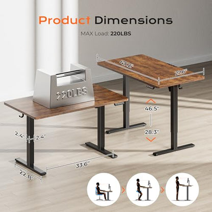 Huuger 48 x 28 Large Electric Standing Desk, Height Adjustable Desk, 27.6" Deep Desktop, Stand up Gaming, 2 Hooks, 3 Preset Heights, for Home Office, Rustic Brown - color: Rustic Brown, size: 48*28 inch (no outlets)