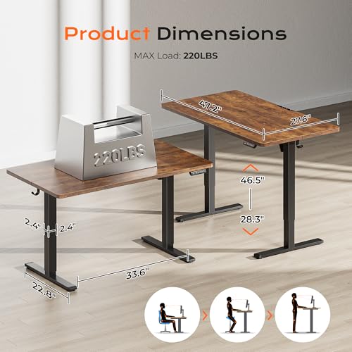 Huuger 48 x 28 Large Electric Standing Desk, Height Adjustable Desk, 27.6" Deep Desktop, Stand up Gaming, 2 Hooks, 3 Preset Heights, for Home Office, Rustic Brown - color: Rustic Brown, size: 48*28 inch (no outlets)