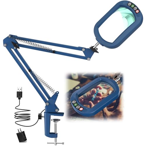 IVMAIE 12X Rectangle Magnifying Glass with Light, 5 Color Modes Stepless Dimmable Magnifier with Stand, LED Lighted Clamp Desk Lamp with Swing Arm, Hands Free for Reading Painting Close Work - Blue - color: Blue, size: 12X