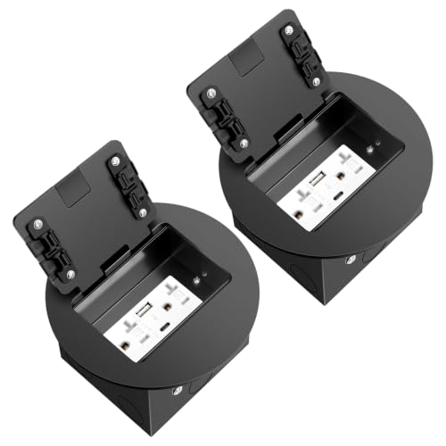 2 Pack Recessed Floor Outlet 1-Gang with 4.8A USB A+Type C Port | 20 Amp TR Receptacles Round Hidden Outlet Kit Electrical Waterproof Cover Box for Home Renovation,ETL Listed,Black - color: Black, size: USB A+C Outlet-2 Pack