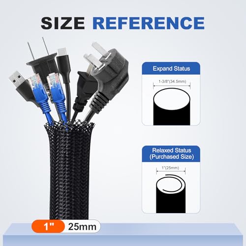 1" Cable Management Loom Wrap Sleeve Cord Wire Hider Organizer Covers - size: 1"-8ft