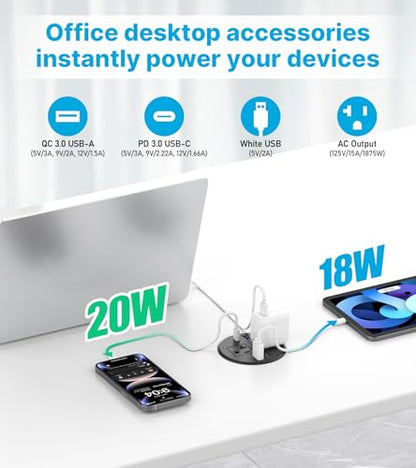 CCCEI 3.15 inch Power Grommet with USB Ports, Office Desk Hole Round Recessed Outlets, Flush Mount, Furniture Hidden High Amp Plug Station, Black, 6FT Extension Cord. - size: 6FT