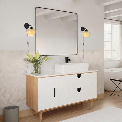 Modern Wall Sconces, Olive Green Milk Glass, Matte Black Finish | Plug-in Wall Lamp, Industrial Boho Lighting, For Bedroom, For Living Room - color: Matte Black+Glass Lampshade