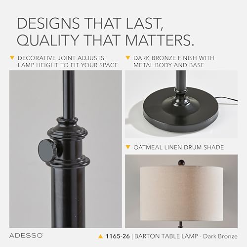 Adesso Table Lamp, Antique Bronze & Oatmeal, Adjustable Height, 34.5” - color: Antique Bronze, size: Table Lamp