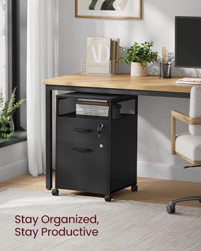 VASAGLE File Cabinet, Mobile Filing Cabinet with Wheels, 2 Lockable Drawers, Open Shelf, for A4, Letter Size, Hanging File Folders, Ink Black UOFC077B16 - color: Ink Black, size: 2 Drawers With Lock and Fences