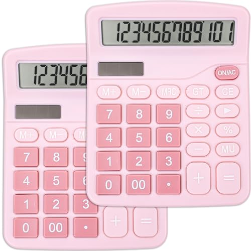 2 Pack Calculator, Pink Calculators Desktop 12 Digits with Large LCD Display and Sensitive Butto, Solar and Battery Dual Power, Desk Calculator - color: Pink-2P