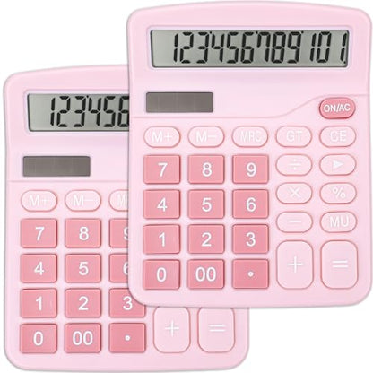 2 Pack Calculator, Pink Calculators Desktop 12 Digits with Large LCD Display and Sensitive Butto, Solar and Battery Dual Power, Desk Calculator - color: Pink-2P