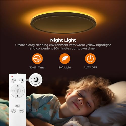 Matane 12in LED Flush Mount Ceiling Light Fixture with Remote Control, Nightlight 2000K Warm, 3000K-6500K Adjustable, Wired Low Profile Ceiling Lights for Bedroom, Kitchen, Living Room, White - color: White, size: 12 Inch
