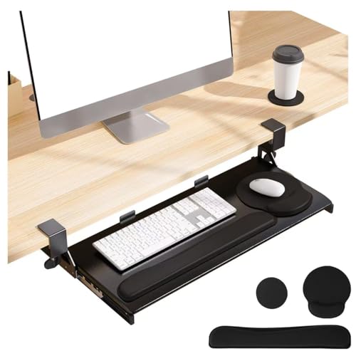 Keyboard Tray, 25 in. Pine Plastic, Keyboard tray Under Desk with Wrist Rest, Mouse Pad, Cup Mat, Lightweight Slide Out Tray, Easy Assemble Adjustable C clamp