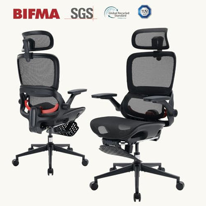 SIHOO B100 PRO Ergonomic Office Chair with Footrest, Mesh Office Chair with Adaptive Lumbar Support, Computer Chair with Wide Headrest, Desk Chair with 360° Rotatable Flip-Up Armrests, Black - color: Ebony